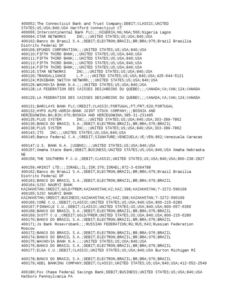 Visa Big Bin List PDF Debit Card Financial Services Companies