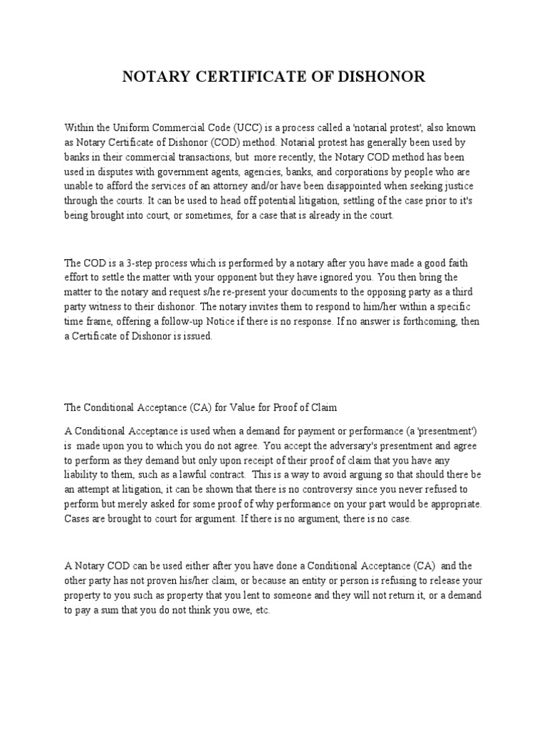 Notary Certificate of Dishonor Government Information Legal Concepts