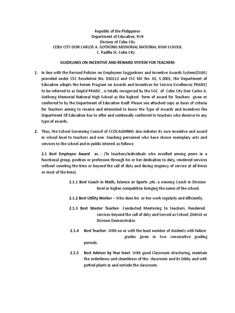 Teachers Guidelines On Incentive and Reward 2 PDF Incentive Teachers