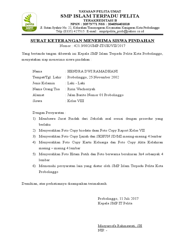 Contoh Surat Keterangan Penerimaan Siswa Pindahan  Kumpulan Surat Penting