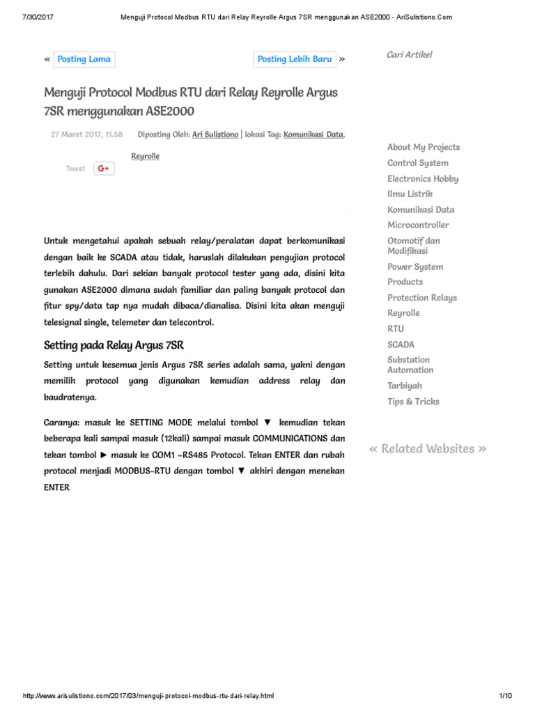 Menguji Protocol Modbus RTU Dari Relay Reyrolle Argus 7SR Menggunakan ...
