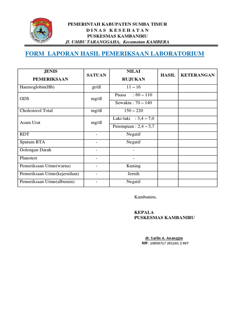Form Hasil Pemeriksaan Laboratorium | PDF