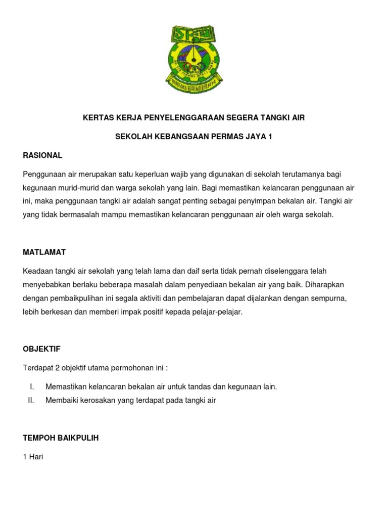 Contoh Surat Baiki Pulih Perpaipan Air Di Sekolah