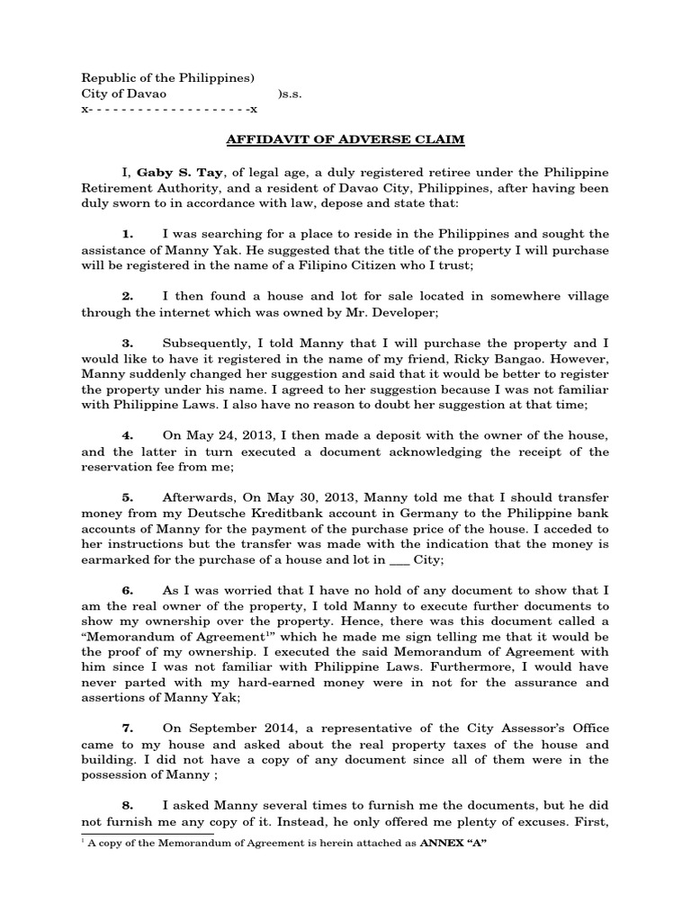 Affidavit of Adverse Claim in Davao | PDF | Deed | Common Law