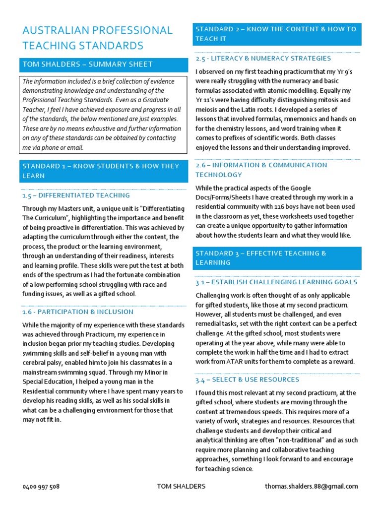 Graduate Teacher Standards Summary | PDF | Teaching | Teachers