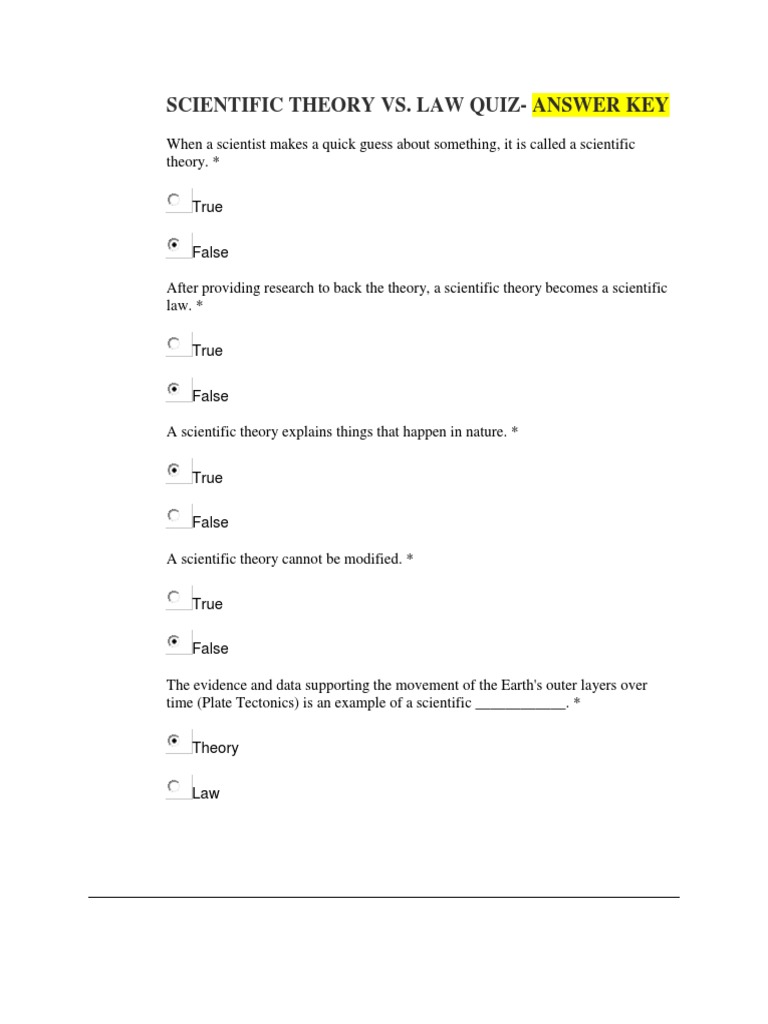 Scientific Theory vs Law Quiz Answer Key