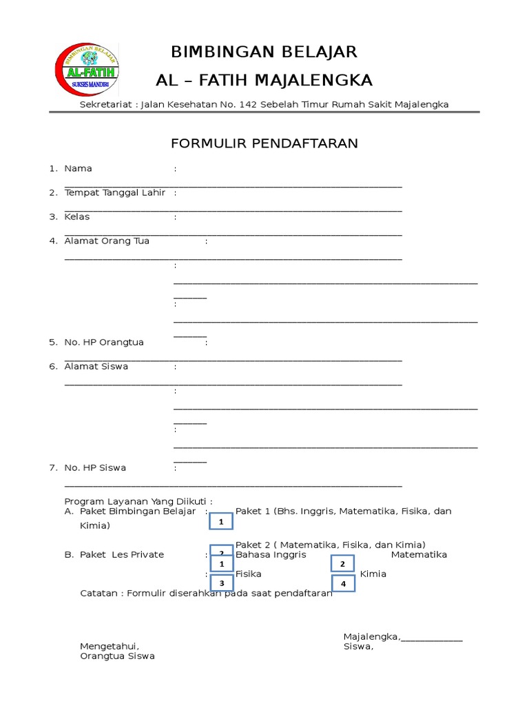 Contoh Formulir Pendaftaran Les Dalam Bahasa Inggris
