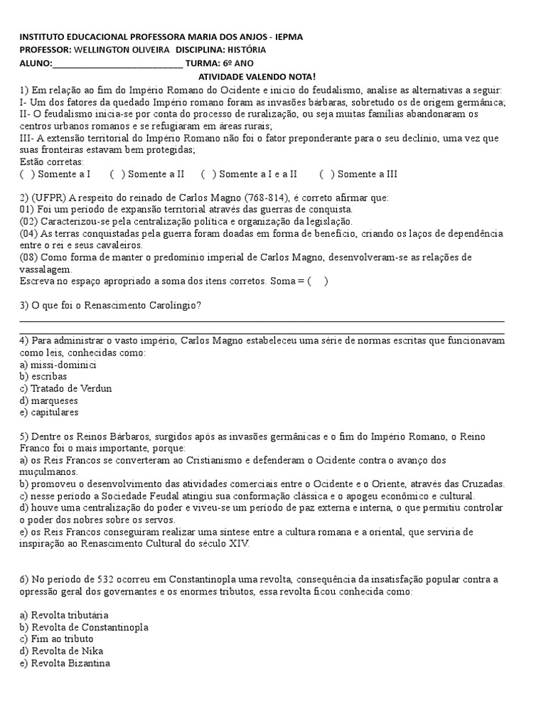 Atividade com 6º Ano Justiniano I Império Bizantino