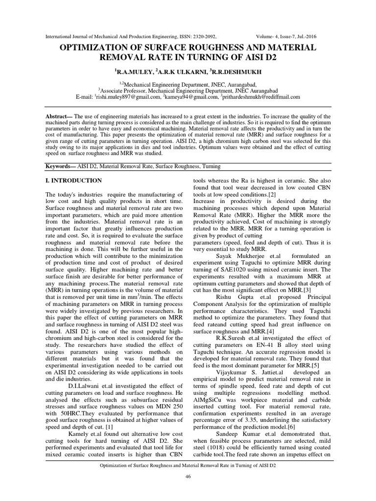Optimize Surface Roughness in AISI D2 Turning | PDF | Machining ...