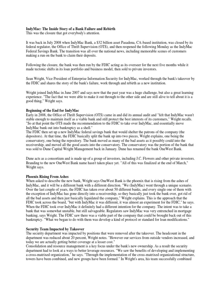 Case Study I Indymac Indy Mac Banks