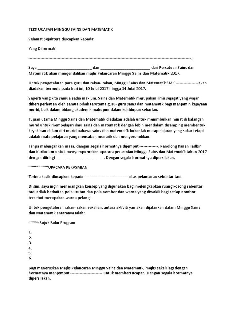 Teks Ucapan Perasmian Majlis Minggu Sains Dan Matematik