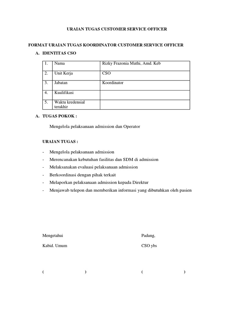 Uraian Tugas Customer Service Officer