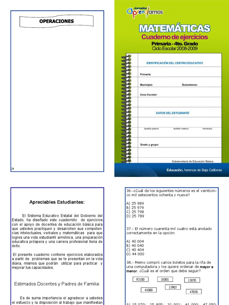Matemáticas. Cuaderno de Ejercicios. Primaria. 4to Grado | PDF ...
