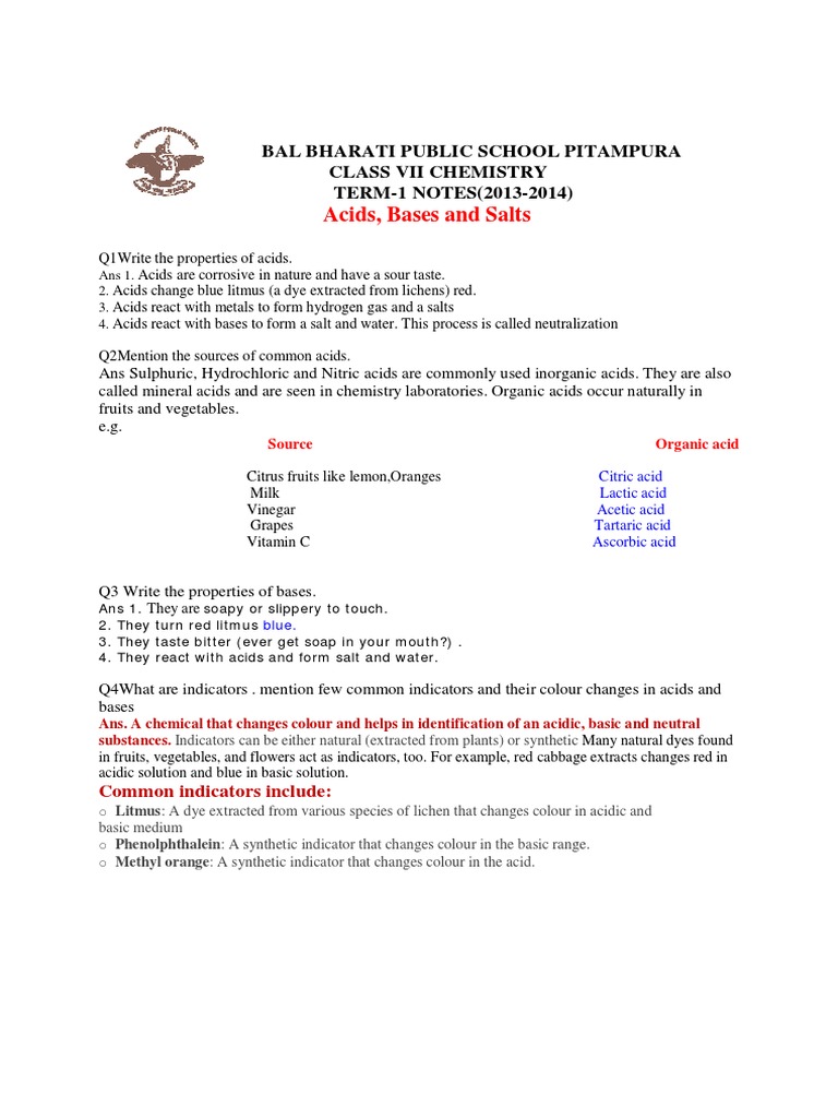 worksheet Note Taking Worksheet Acids Bases And Salts class7 acids bases term1 acid salt chemistry