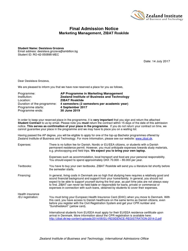 Desislava Grozeva Final Admission Notice | PDF Denmark | European Economic Area