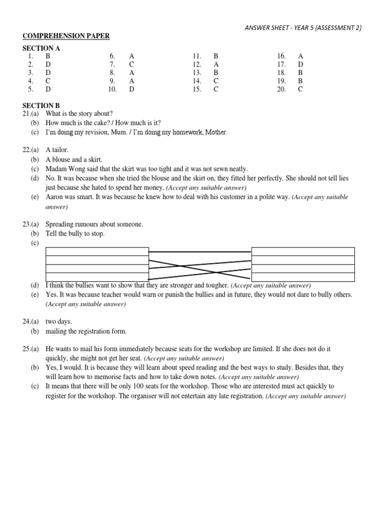 Answer Sheet - Year 5 (Assessment 2) : Comprehension Paper Section A | PDF