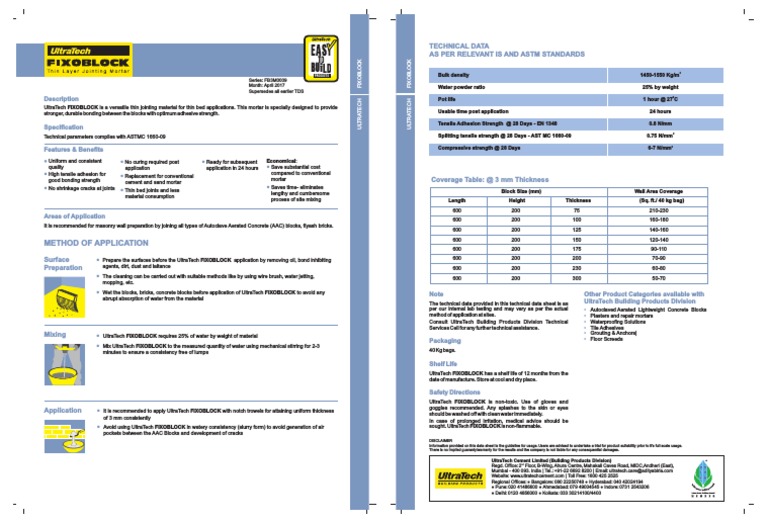 UltraTech FIXOBLOCK technical data sheet | PDF | Mortar (Masonry ...