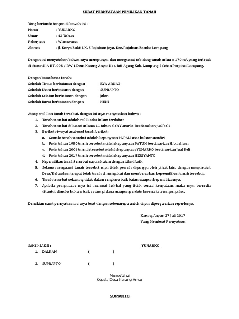 Surat Pernyataan Pemilikan Tanah Sebidang tanah pekarangan di Ds.