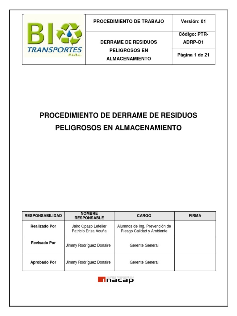 Procedimiento para Derrames de Residuos | PDF | Residuos | Batería ...