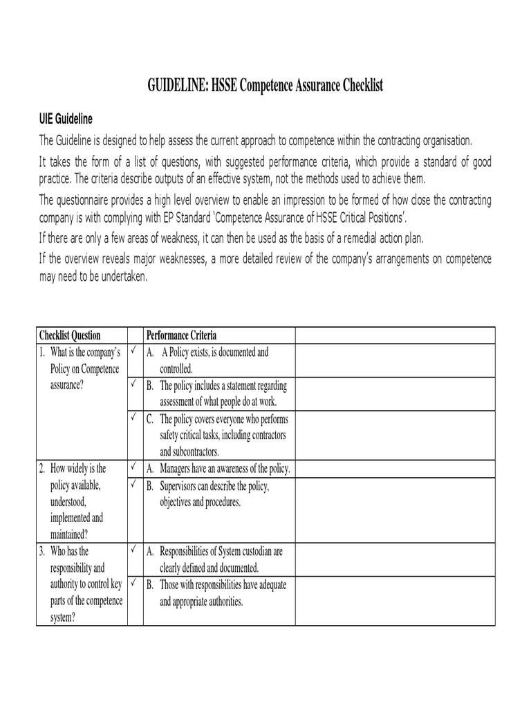 HSSE Competence Assurance Checklist | PDF | Audit | Competence (Human ...