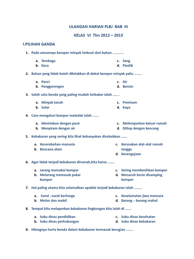 Soal Ulangan Harian Plbj Bab Iii