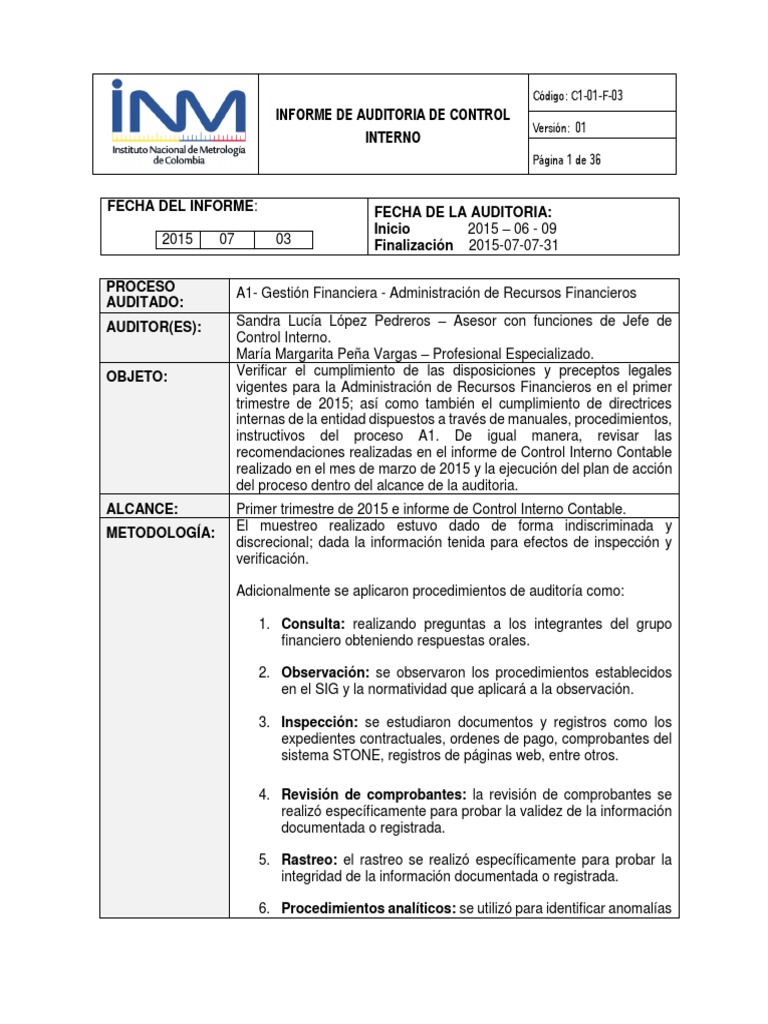 Auditoría de Control Interno 2015 | PDF | Contabilidad | Contralor