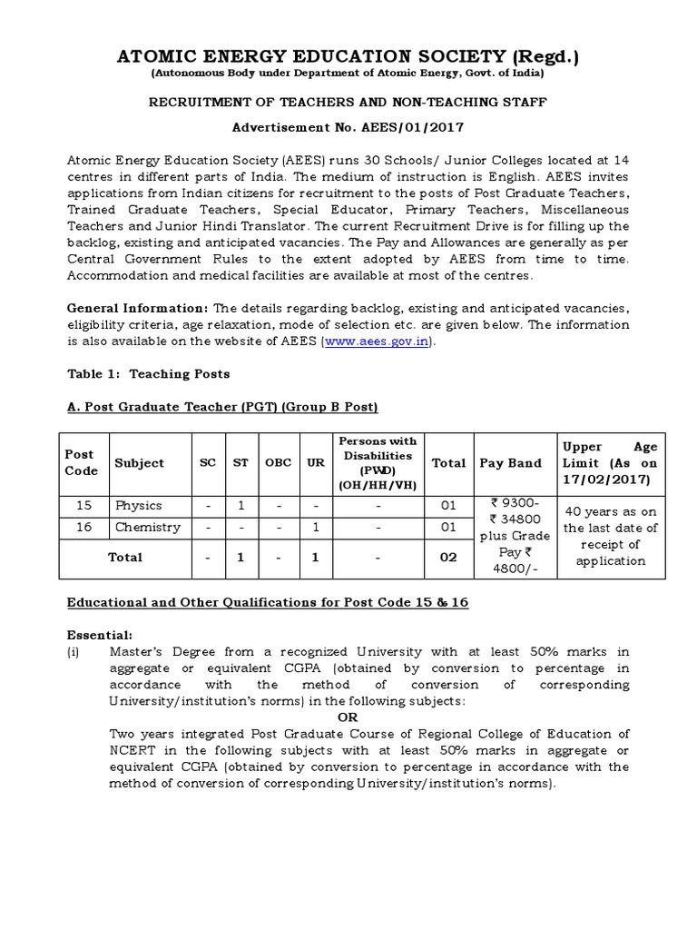 AEES Teacher Recruitment 2022 Details | PDF | Academic Degree | Diploma
