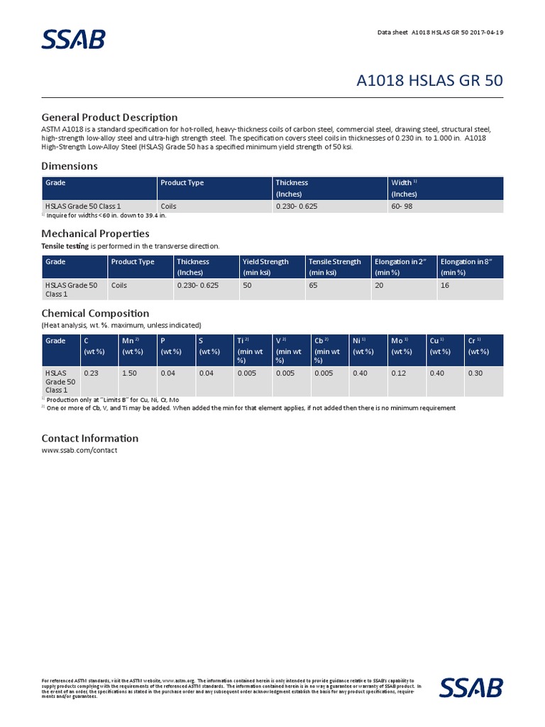 A1018 Hslas GR 50 PDF Strength Of Materials Steel
