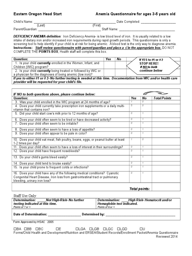 Anemia Screening Questionnaire for Kids | PDF | Wic | Anemia