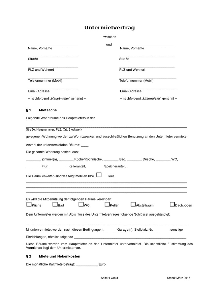 Einfacher Untermietvertrag Zum Ausdrucken Gratis