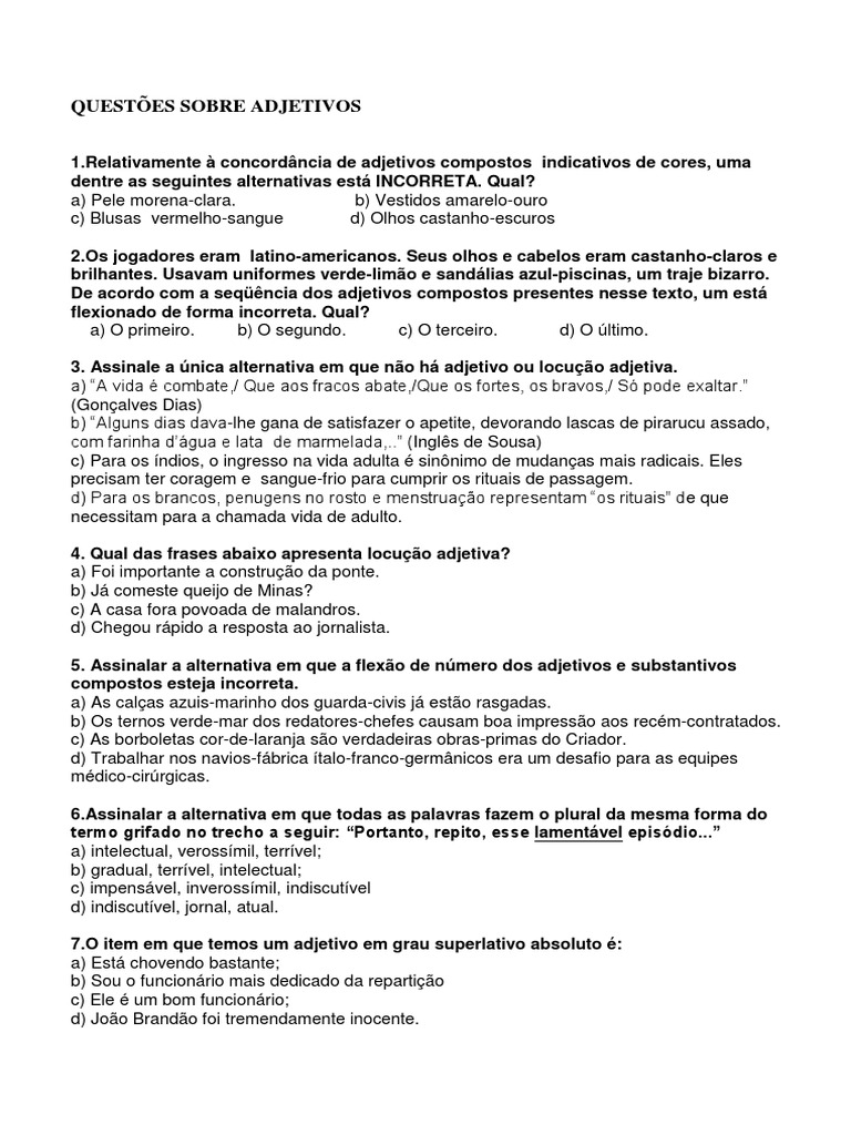 Questões sobre Adjetivos e Locuções | PDF | Adjetivo | Linguística