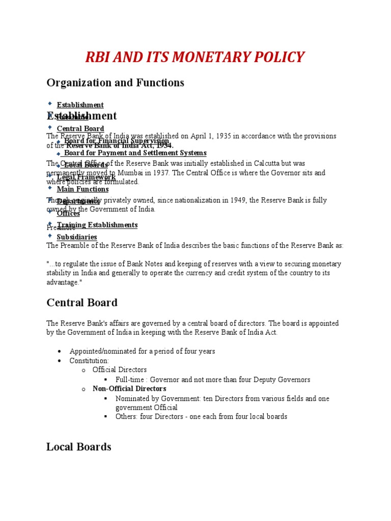 RBI Monetary Policy Overview and Functions | PDF | Reserve Bank Of ...