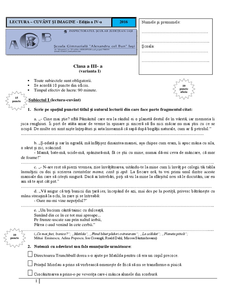 Lectura Subiecte Clasa III Varianta I PDF | PDF