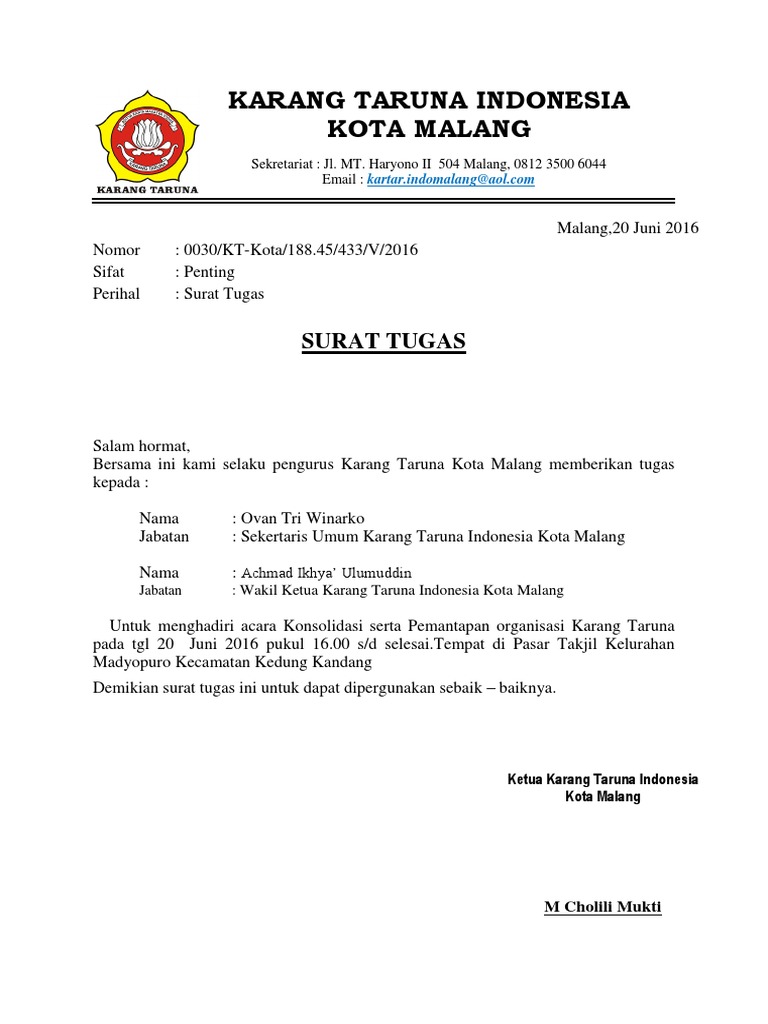 Surat Tugas Kartar Kota Malang Pdf