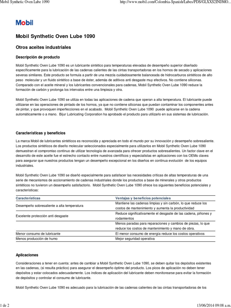 Mobil Synthetic Oven Lube 1090 PDF | PDF | Lubricante | Productos quimicos