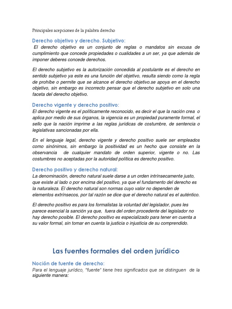 Principales Acepciones de La Palabra Derecho La Ley