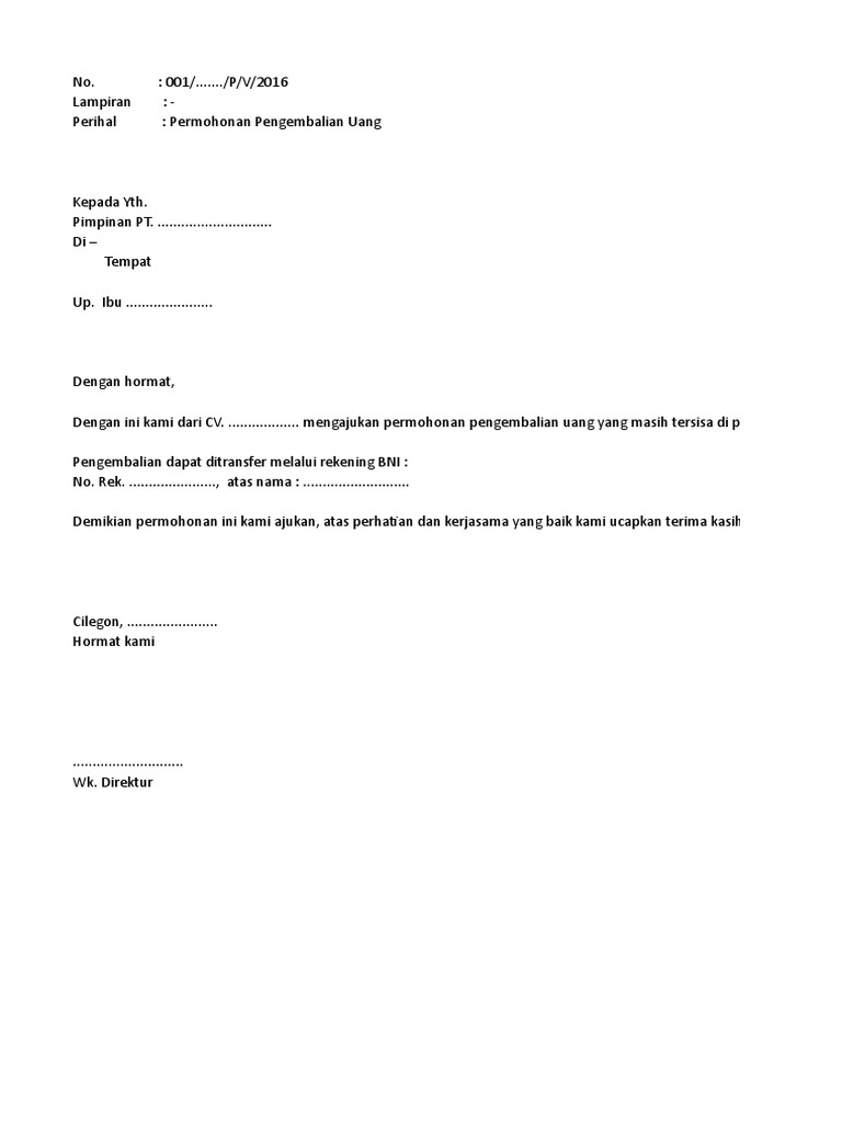 Surat Pengembalian Uang Muka Xlsx
