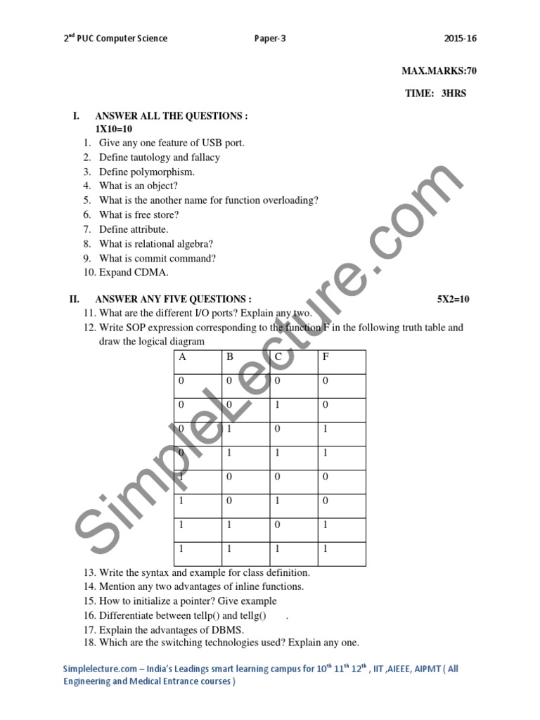 2nd PUC Computer Science Paper 3 PDF Pointer Programming