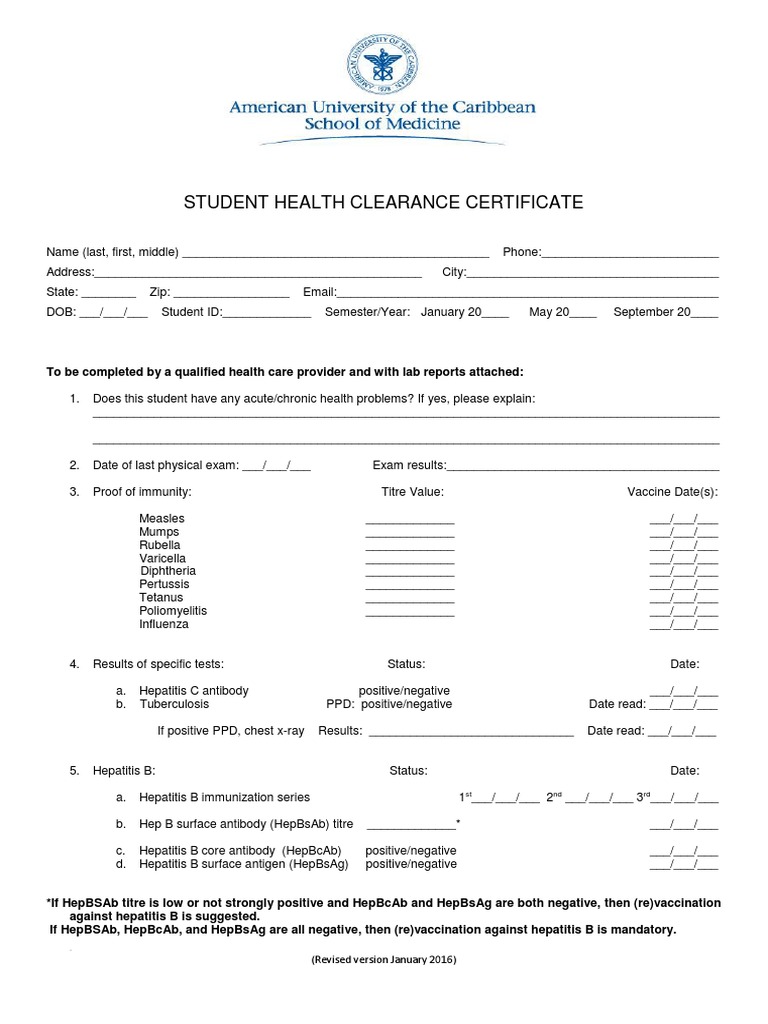 OCSA Clinical Student Health Form | PDF | Vaccines | Immunology