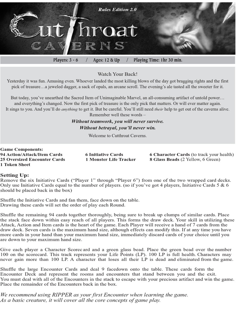 Cutthroat Caverns Rules PDF PDF