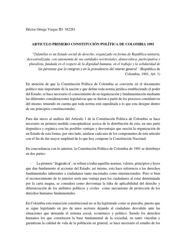 Articulo Primero Constitución Política de Colombia 1991 | PDF | Estado ...
