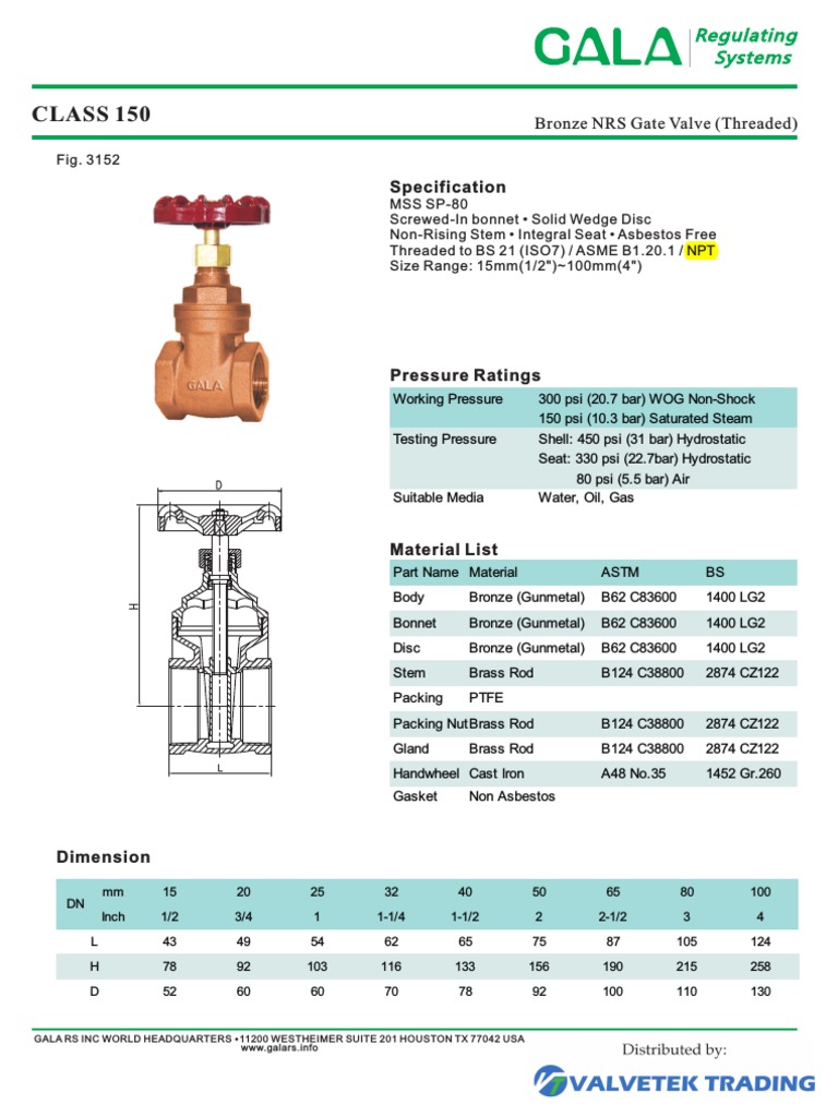 1 Gala Bronze Gate Nrs Valve Fig 3152 | PDF | Valve | Hydraulics