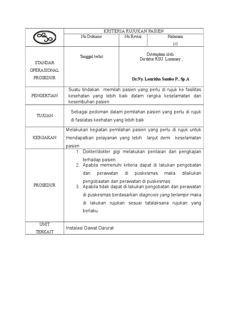 Sop Kriteria Rujukan Pasien | PDF