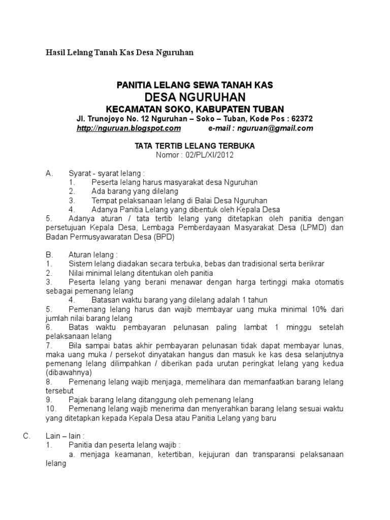 Berita Acara Hasil Lelang Tanah Kas Desa Nguruhan