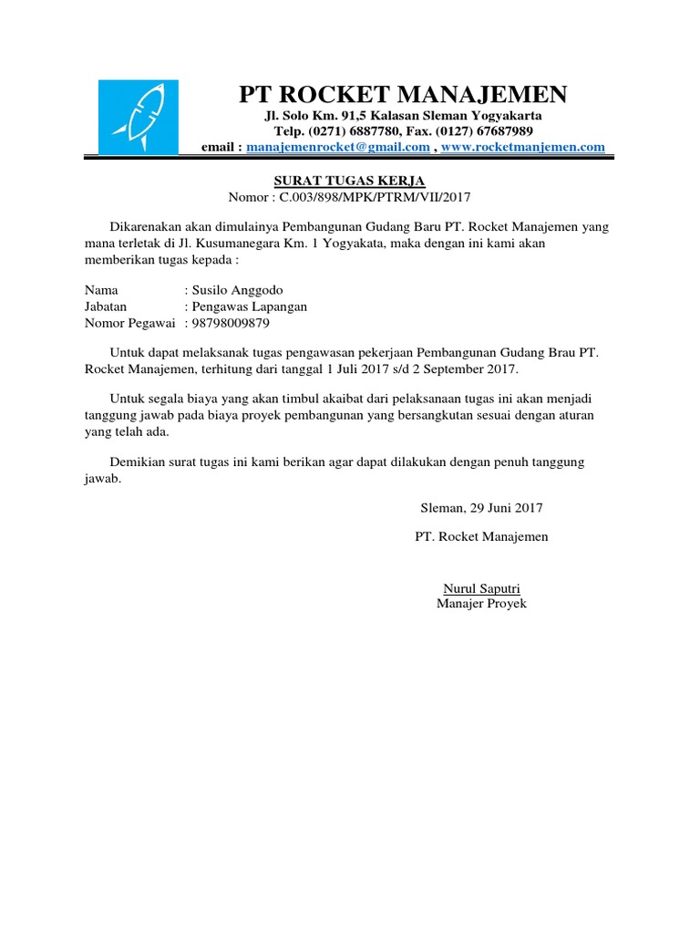 Contoh Surat Tugas Kerja