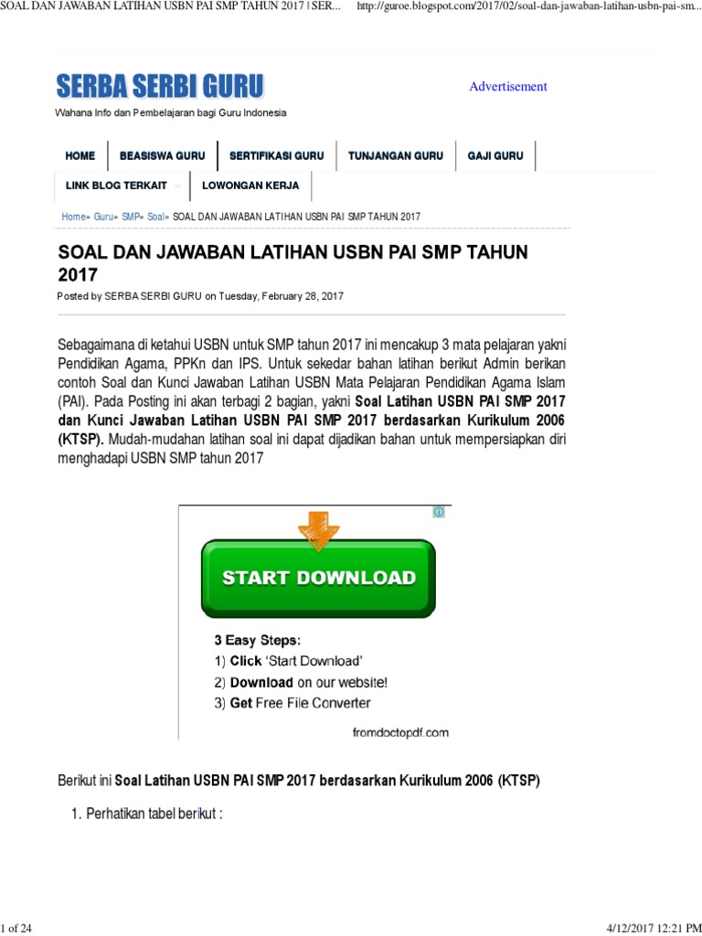 Soal Dan Jawaban Latihan Usbn Pai Smp Tahun 2017 Serba