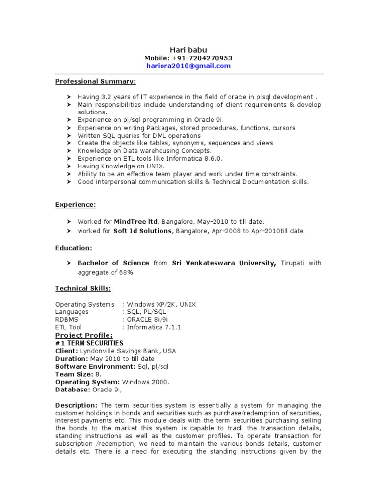 PL/SQL Developer Resume: 3 Years Experience | PDF | Pl/Sql | Sql