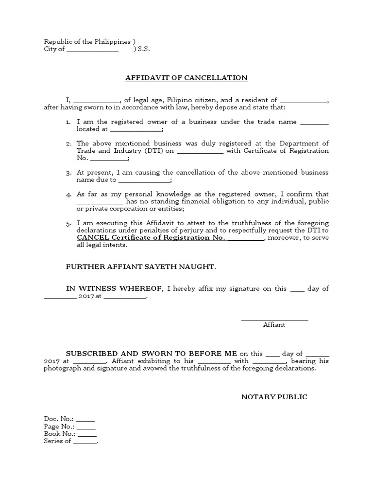 Affidavit of cancellation sample