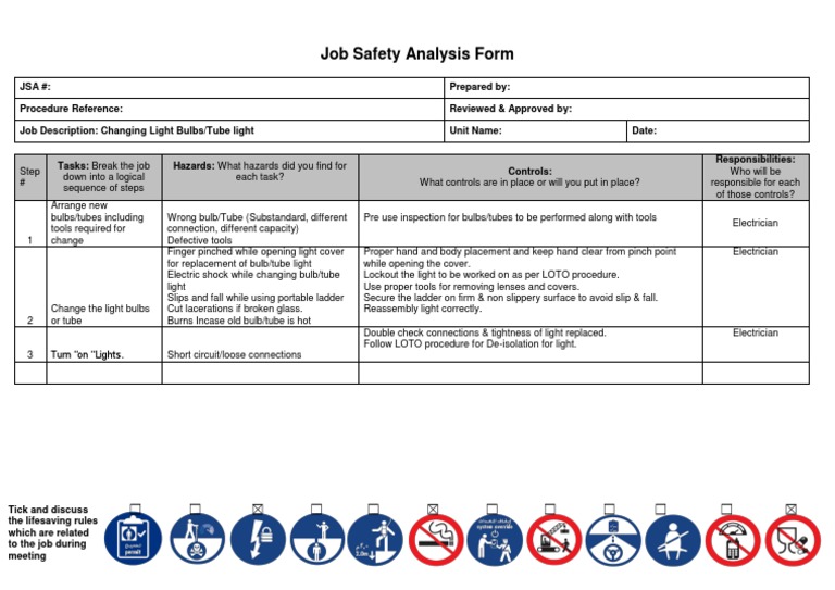 JSA Changing Light Bulbs PDF Electrician Safety