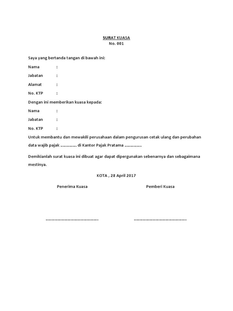 Contoh Surat Kuasa Cetak Ulang Npwp Pribadi